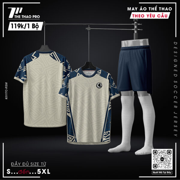 Bộ Quần Áo Bóng Đá Màu Kem Xanh Navy Họa Tiết Tribal Mạnh Mẽ
