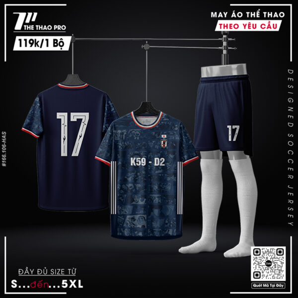 Áo bóng đá theo yêu cầu màu xanh navy phối trắng đỏ